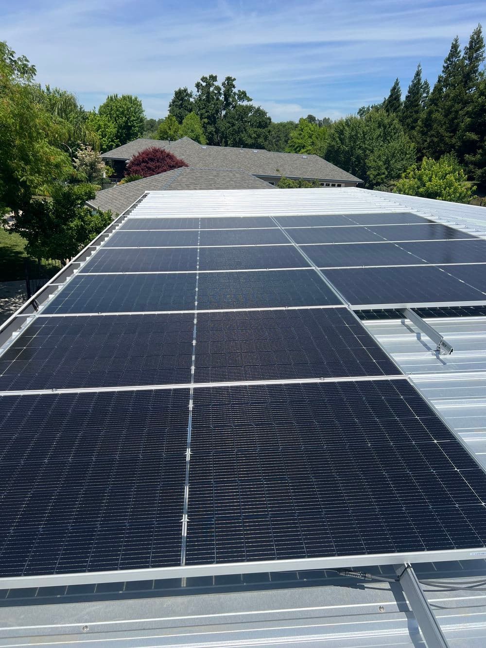 Solar panels installed on a residential roof with greenery in the background.