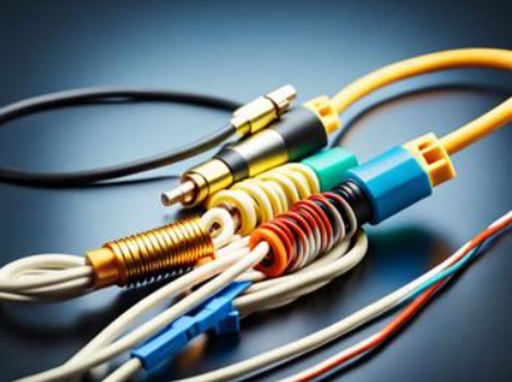 Colorful audio and video cables with connectors on a dark background.