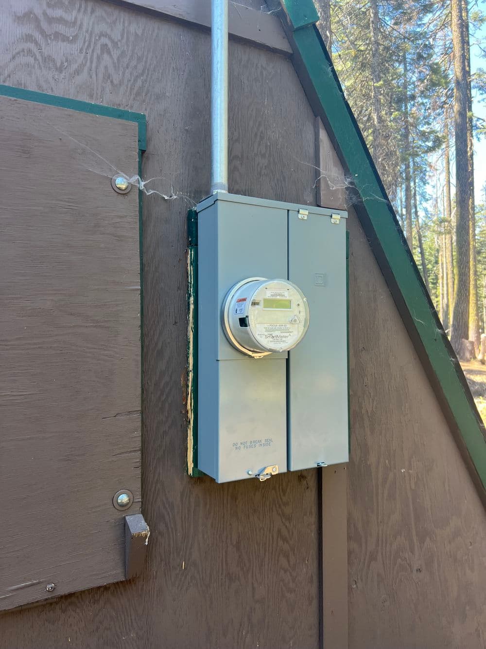 Electric meter mounted on wooden wall in a wooded area, surrounded by trees.